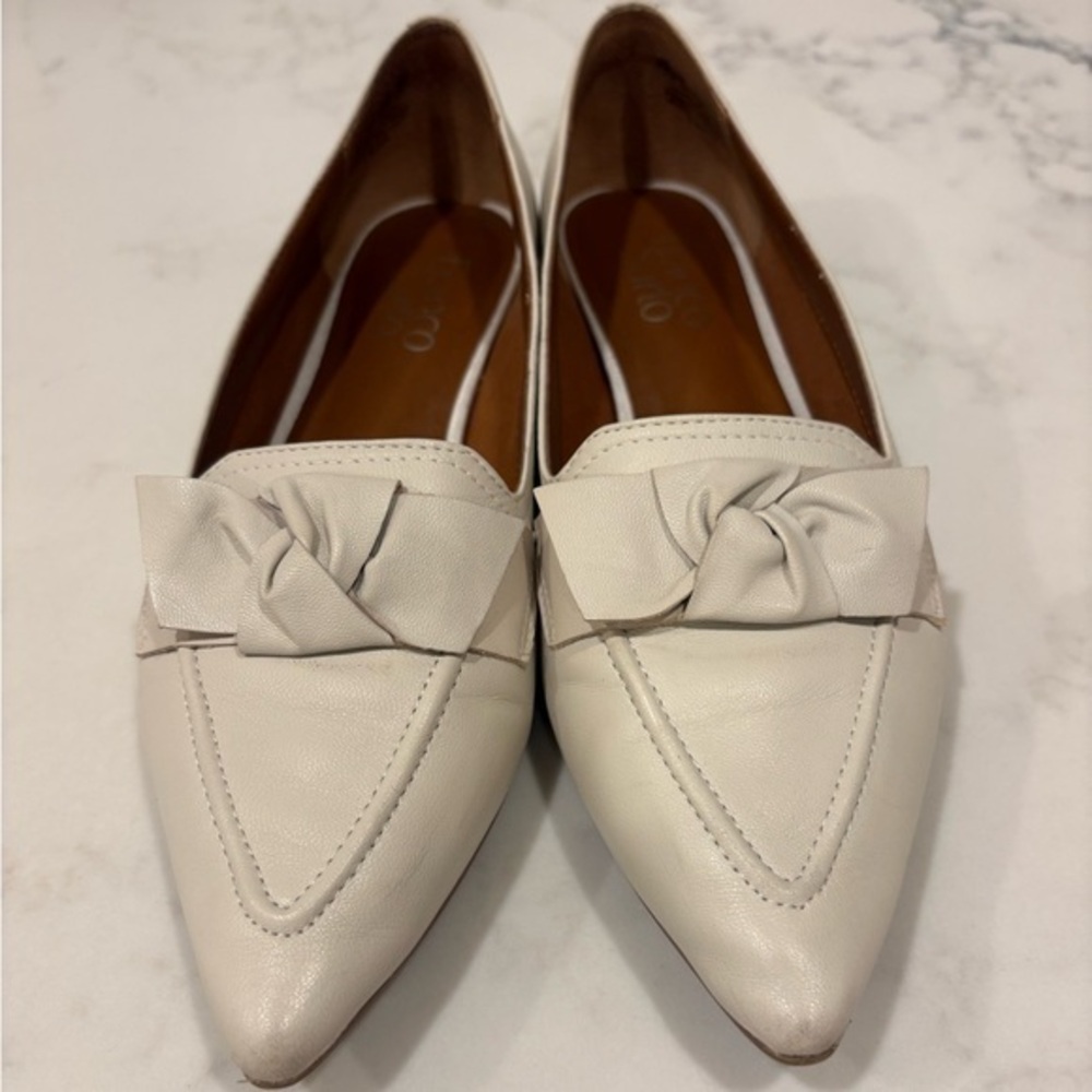 FRANCO SARTO | Cream Leather Loafers Flats • Bow detail size 7.5